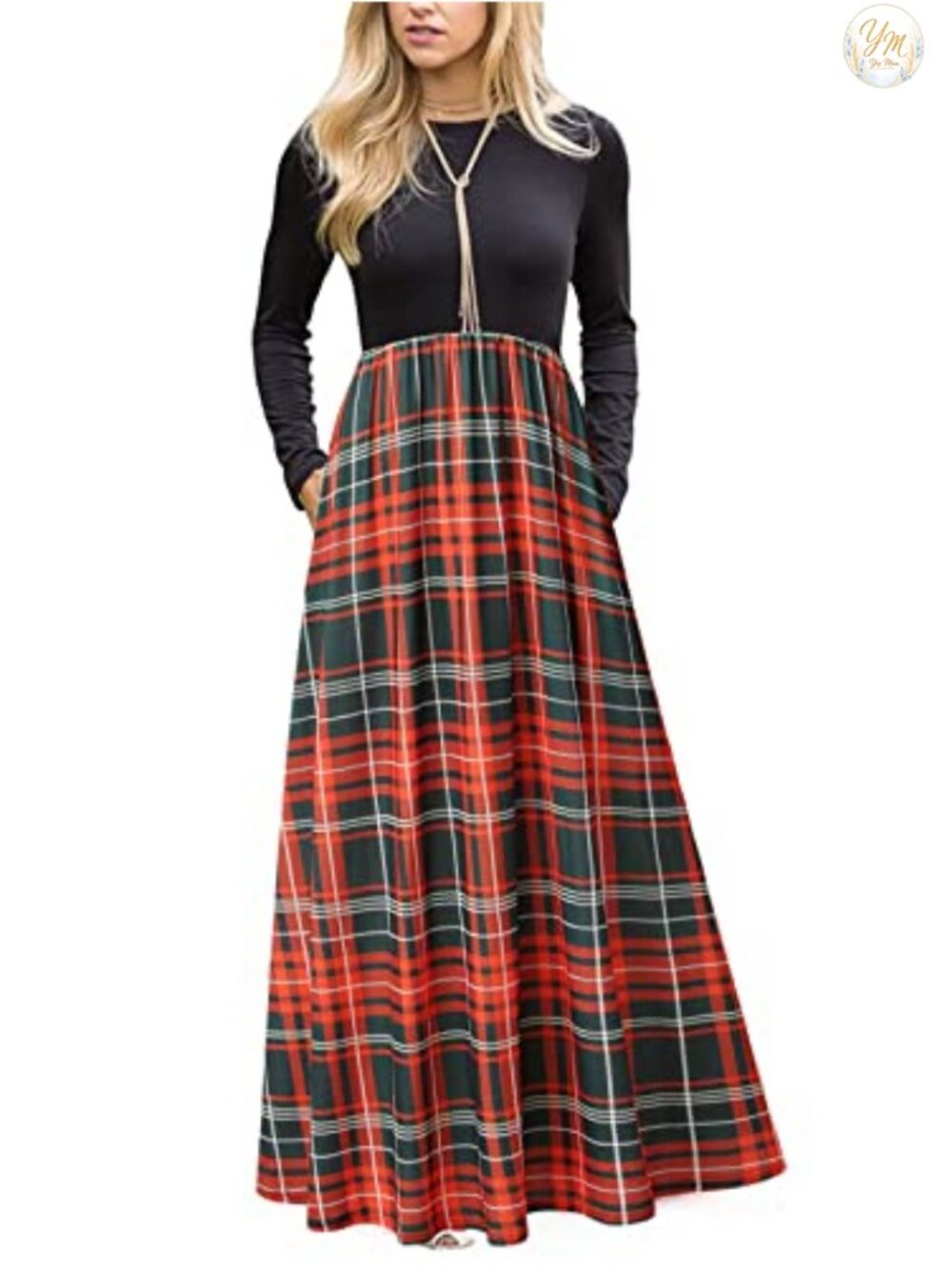MEROKEETY Women's Long Sleeve Plaid Maxi Dress - Empire Waist